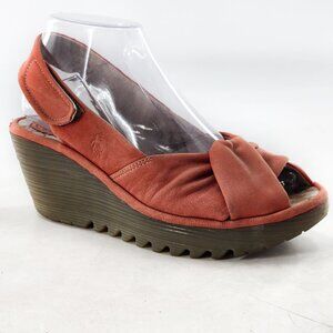 FLY LONDON Yakin Peep Toe Nubuck Leather Wedge Slingback Sandals Coral Pink